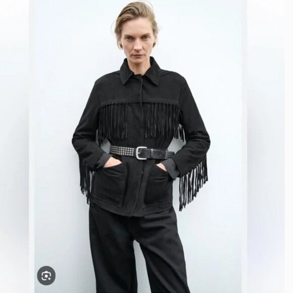 Zara Black Suede Leather Fringe Women's Jacket ZW Collection, S - Picture 2 of 16